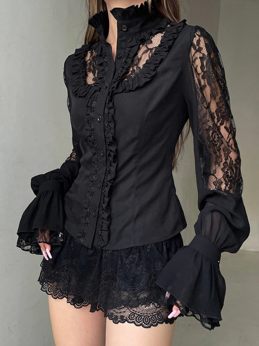 Elegant Floral Embroidered Blouse Stylish V-Neck Long Sleeve Button Down Shirt Casual  Fit Lace Patchwork Top for Women