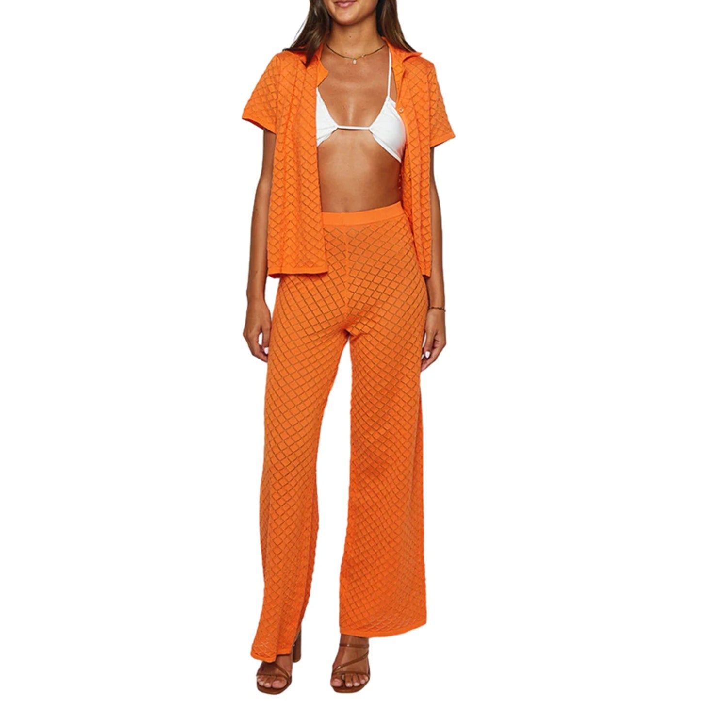 Women s 2 Piece Knit Set Lapel Neck Short Sleeve Button Down Tops Elastic Waist Wide Leg Pants Solid Color Outfits for Summer