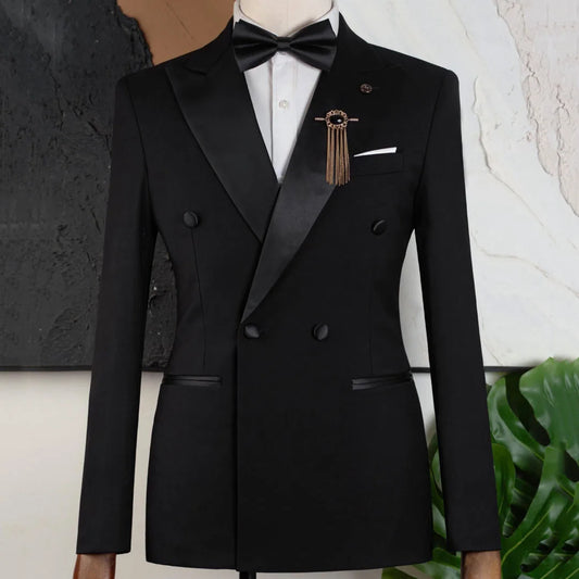 Men Suit Black 2 Piece Double Button With Bright Lapel For Wedding Groom Birthday Party Banquet Business Work Suit Jacket Pants