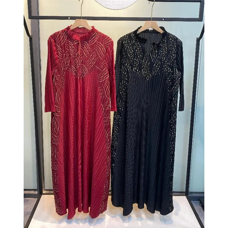 Miyake Pleated Dresses European American Fashion Retro Elegant Stand Collar Stretch Plus Size Women's Elegant Long Dress