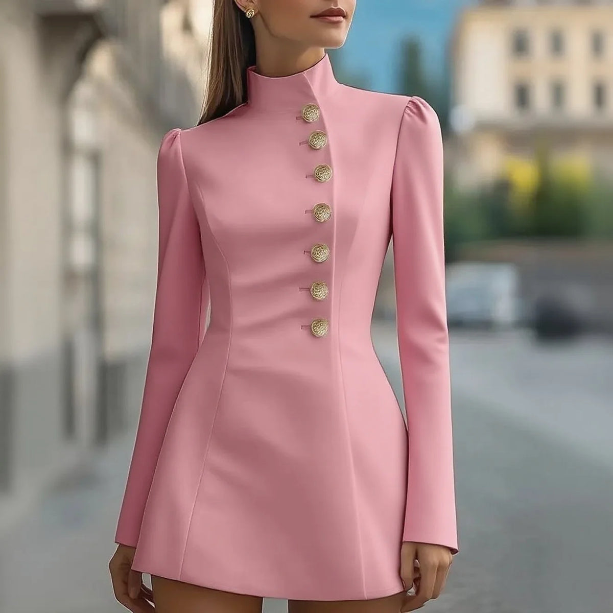 Elegant Stand Collar Long Sleeve Mini Dress Chic Gold Button Front Slim Fit Party Cocktail Dress Autumn Winter Fashion Dresses