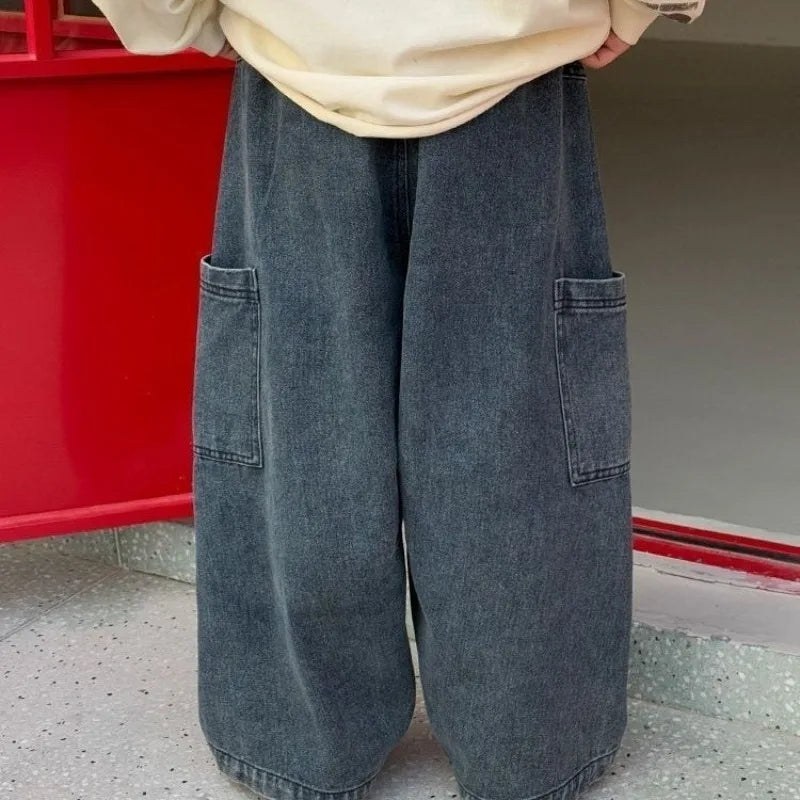 Boys Denim Pants Loose 2-10Yrs Kids Boys Casual Trousers Side Big Pockets Toddler Baby Boys Straight Jeans