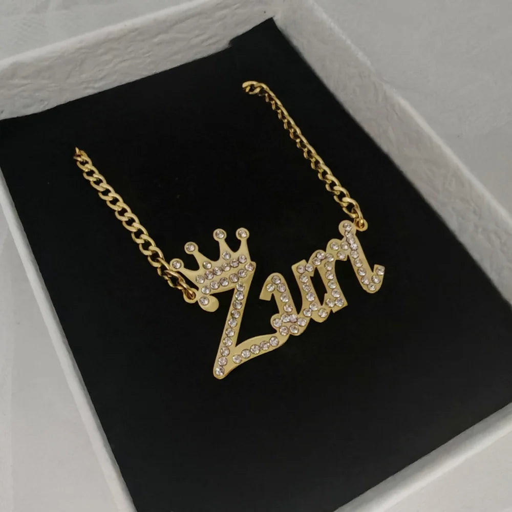 LeeChee Rhinestone Crown Custom Name Necklace Personalized Pendant Nameplate Girls Party Gift