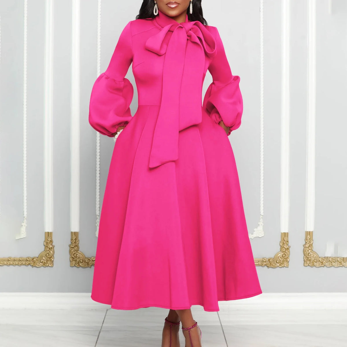 Elegant Party Dresses for Women Luxury Woman 2024 Bow Collar Full Sleeve High Waisted Pleated Mid Calf Birthday Dinner Celebrate