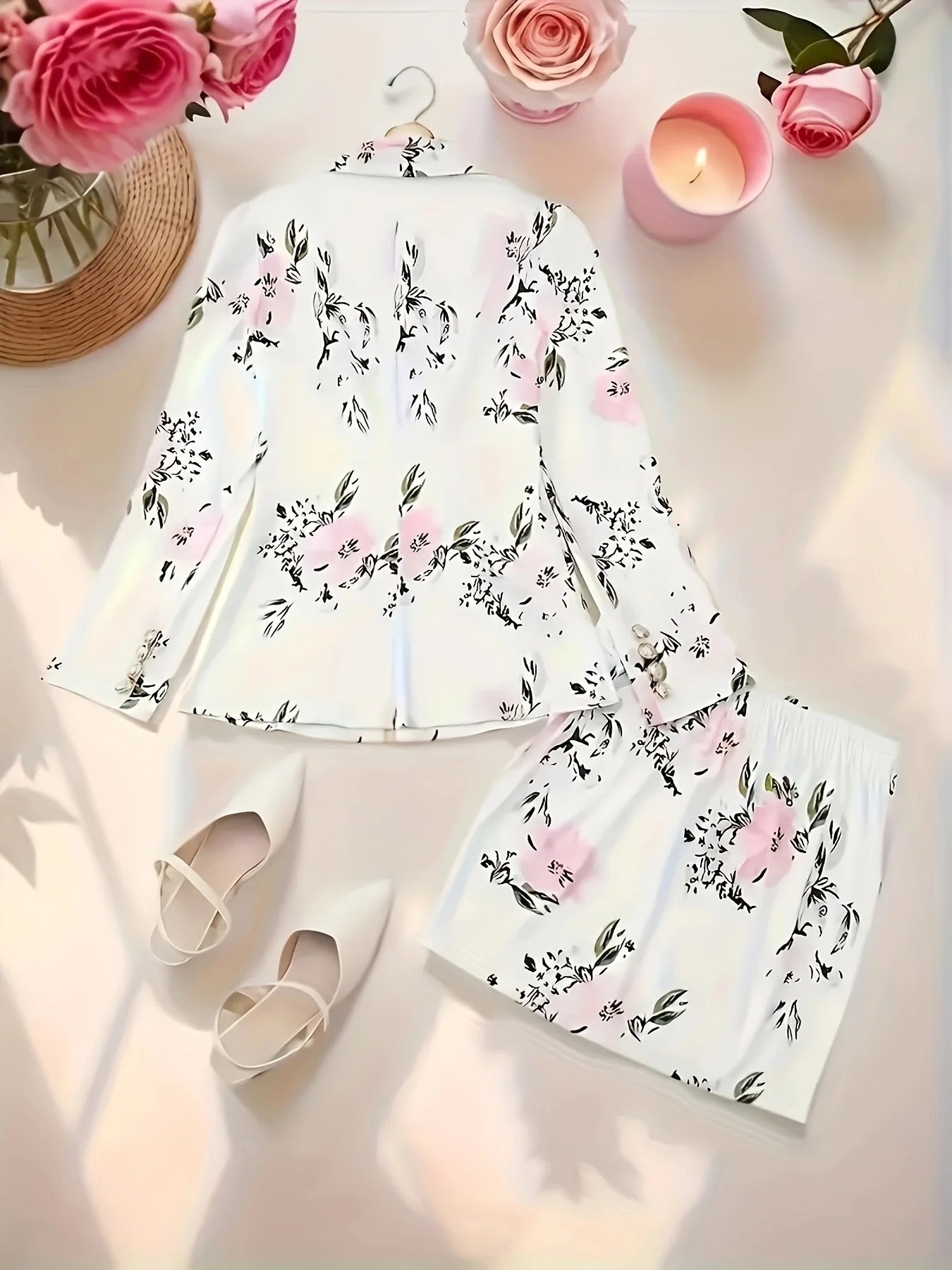 Women's Thousand Bird Casual Two-Piece Suit Set, Long Sleeved Flip Top Double Breasted Suit Jacket and Mini Hip Hugging Skirt, S