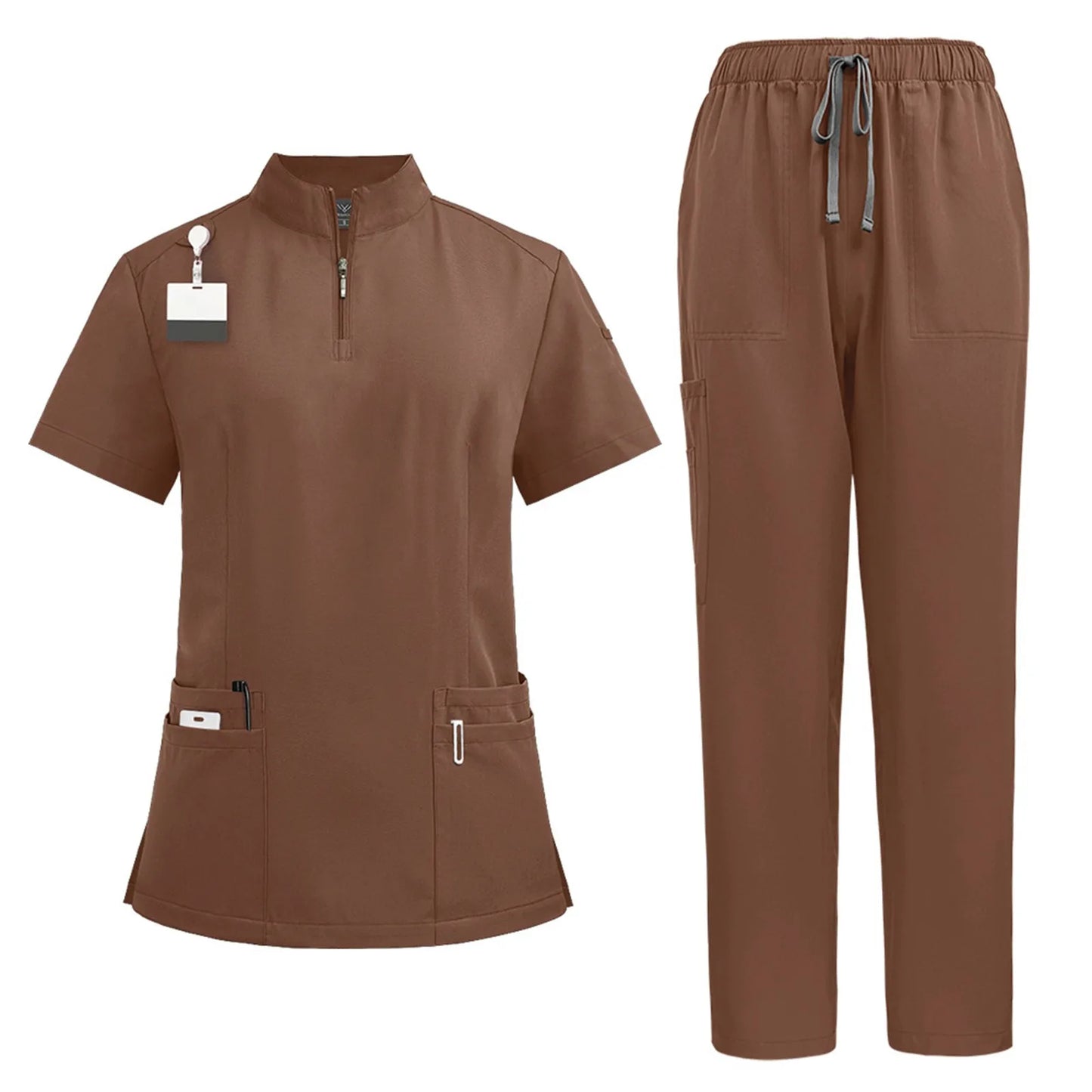 Women Two-Piece Set Solid Color Stand-Up Collar Short-Sleeve Top With Zipper Pocket And Matching Pants Professional Workwear