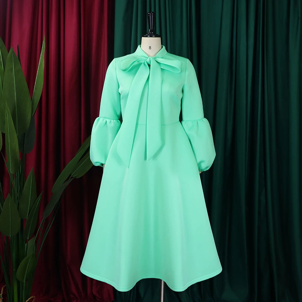 Elegant Party Dresses for Women Luxury Woman 2024 Bow Collar Full Sleeve High Waisted Pleated Mid Calf Birthday Dinner Celebrate