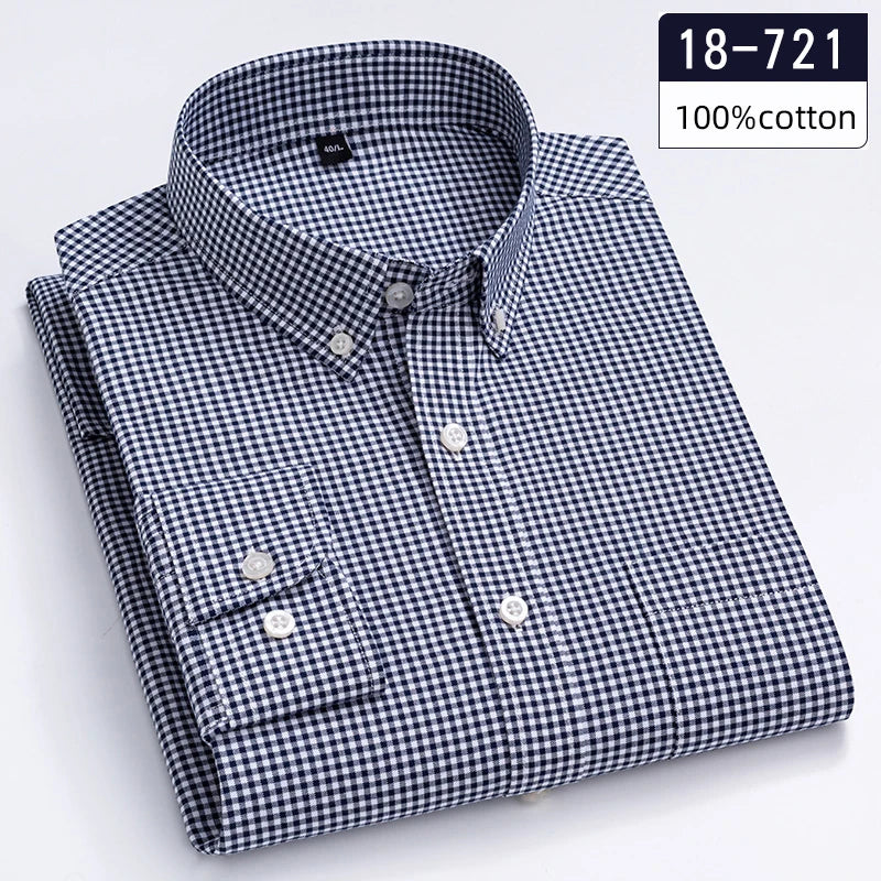 New in Shirt High-Quality 100% Cotton Long-Sleeve Shirts for Men Slim Fit Casual Soft Plaid Tops Single Pocket Houndstooth Cloth