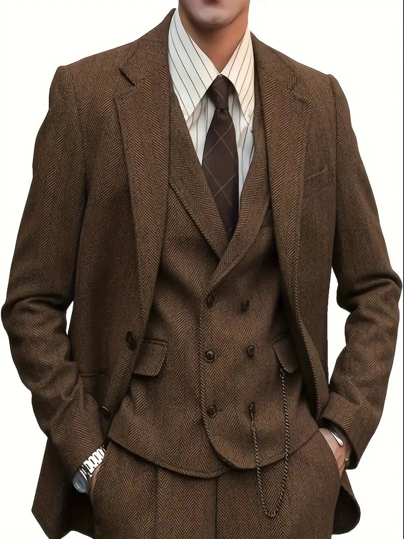 Retro Men's Suits 3pcs Tweed Herringbone Slim Fit Groom Tuxedos Prom Blazer Jacket (Jacket+Vest+Pants)