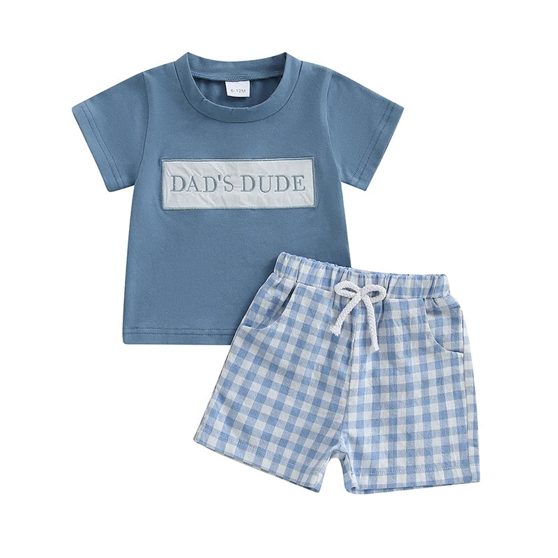 Infant Boy s Casual Outfit with Embroidered T-shirt and Plaid Shorts Elastic Waistband 2-Piece Set for Toddlers
