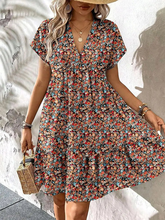 Plus Size Short Sleeve Ditsy Floral Vacation Dress For Women