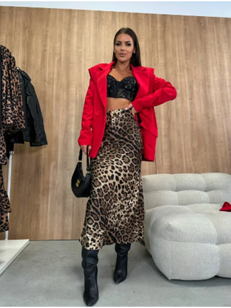 Woman High Waisted Long Skirt Personality Leopard Printed Dress Halloween Street Wear Dating Y2K Clothes Elegant Autumn Dress