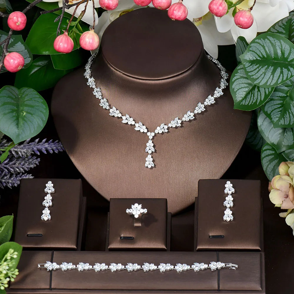 HIBRIDE Trend Flower African CZ Jewelry Sets Necklace Earrings Bracelet Ring Sets For Women Wedding Jewelry Bijoux N-1004