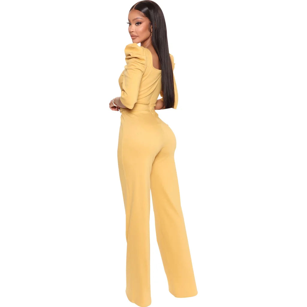 Sexy fashion solid color seven-quarter sleeve V-neck women's jumpsuit SMR10805