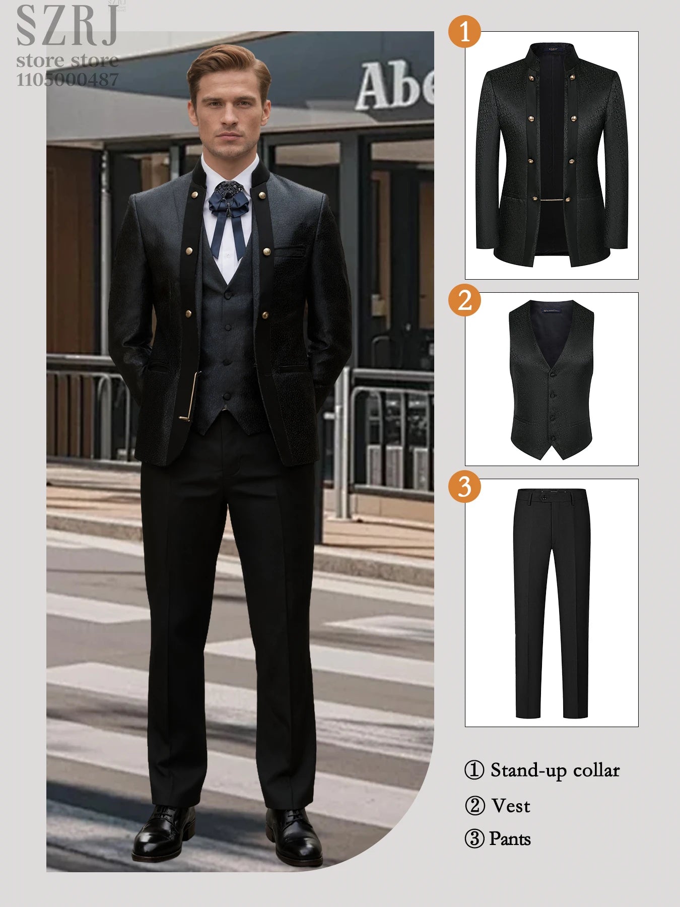 Men's 3pcs Floral Tuxedo Suit: Stand Collar, Double-Breasted Vest & Pants - Wedding/Party/Performance