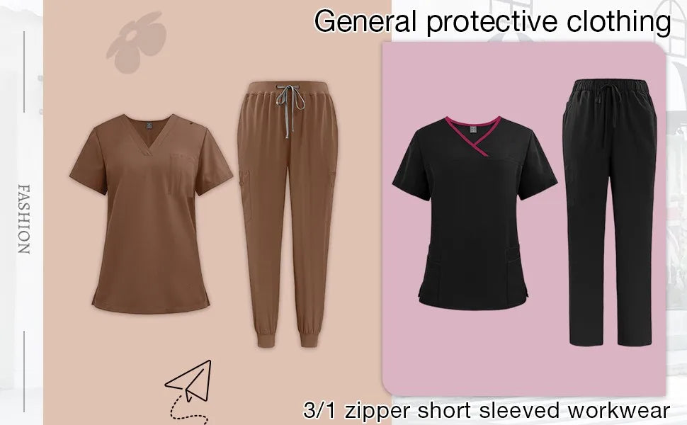 Women Two-Piece Set Solid Color Stand-Up Collar Short-Sleeve Top With Zipper Pocket And Matching Pants Professional Workwear