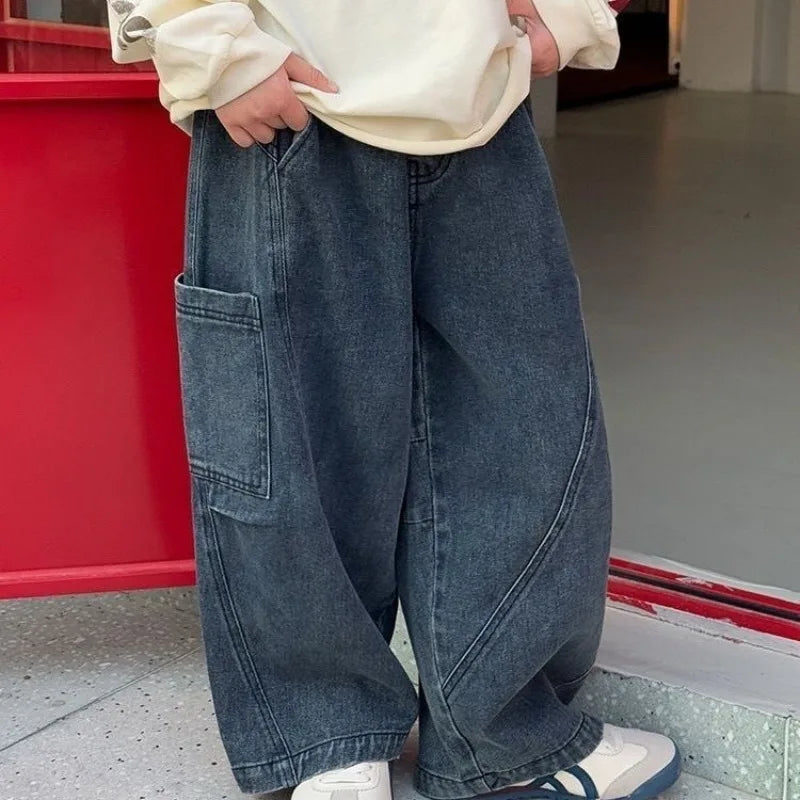 Boys Denim Pants Loose 2-10Yrs Kids Boys Casual Trousers Side Big Pockets Toddler Baby Boys Straight Jeans