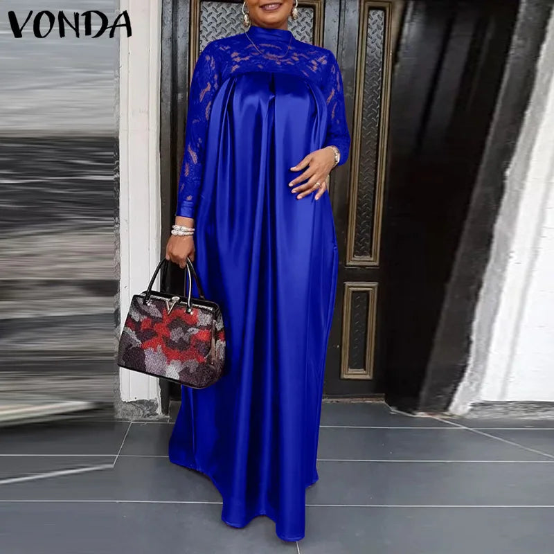 Elegant Women Summer Satin Maxi Dress 2024 VONDA Bohemian Lace Patchwork Long Sleeve Stand Collar Casual Long Dresses Robe Femme