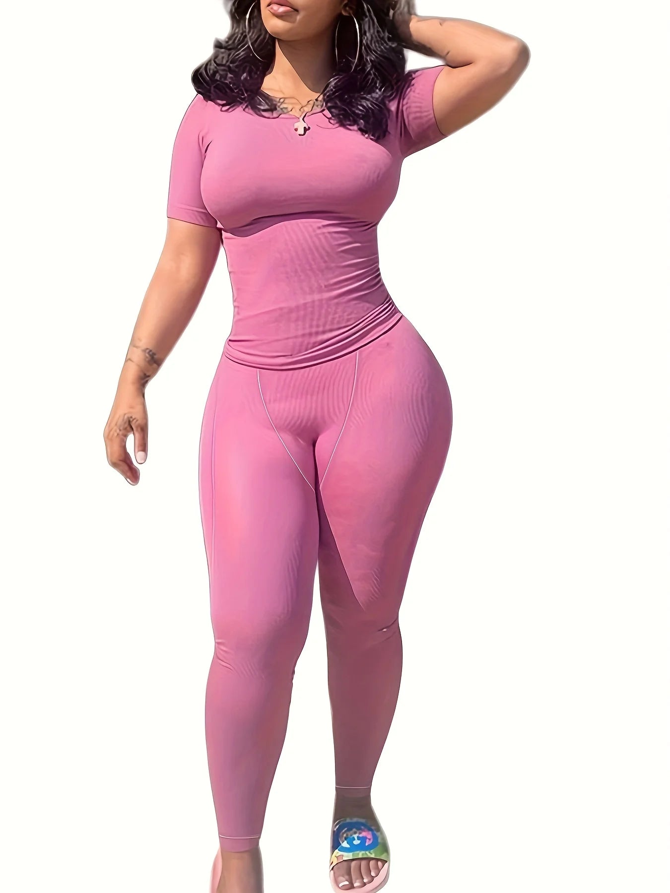 US STOCK | Casual Workout Sets Short Sleeve Two Piece Outfits For Women Ribbed Fitted Crew Neck T-shirt Matching Sets Streetwear