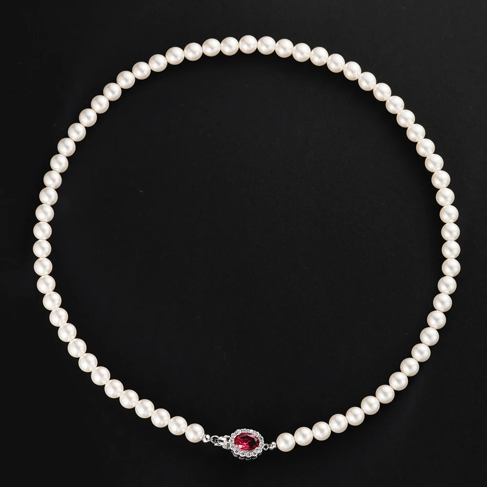 Vintage Red Shiny Crystal Pearl Necklace for Women Light Luxury S925 Sterling Silver Banquet Collarbone Sweater Chain USA Stock