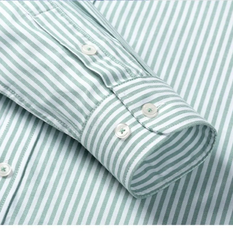 100% Cotton Men's Long Sleeve Stripe Shirt | Business Casual Button-Down Collar Regular Fit