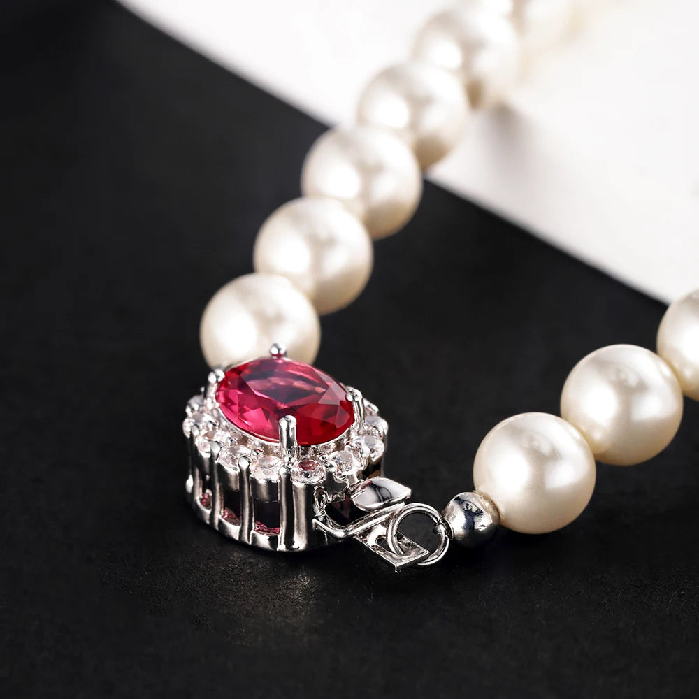 Vintage Red Shiny Crystal Pearl Necklace for Women Light Luxury S925 Sterling Silver Banquet Collarbone Sweater Chain USA Stock