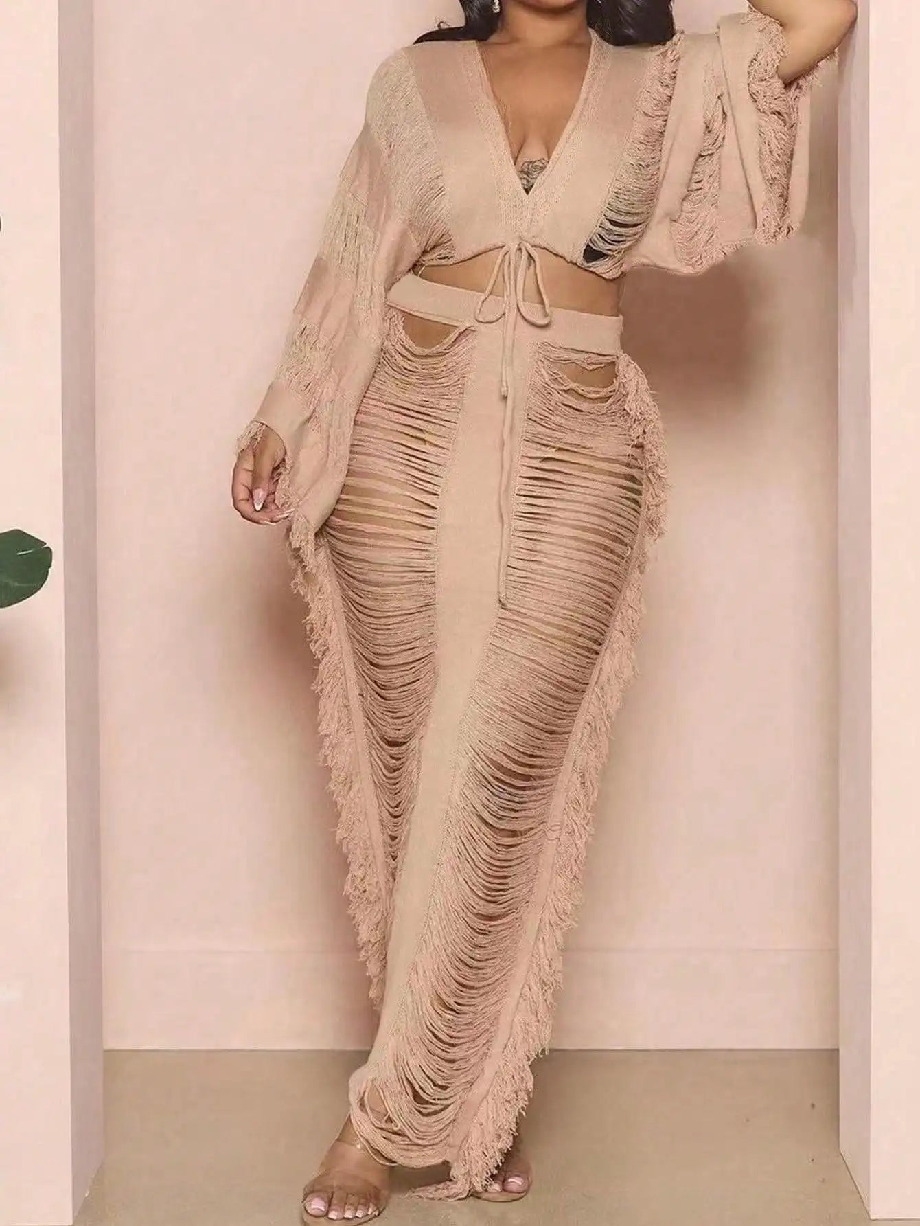 Dress 2025 Women's Fringed 2-piece Set Long-sleeved top with fringed cutout sexy and elegant party club suit dress