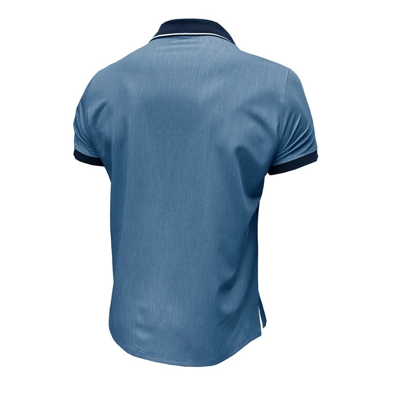 Men s Short Sleeve Denim Shirt with Patchwork Design Turn Down Collar and Button Detail - Casual Summer Fashion  Fit Jeans