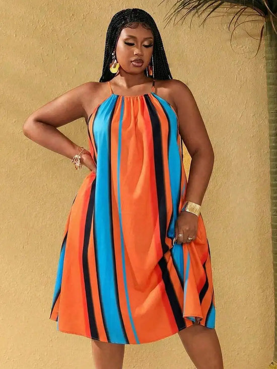 Plus Size Womens Striped Spaghetti Strap High-Low Hem Dress For Vacation Resort Summer