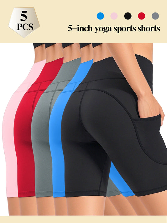 Women's sports leggings; fitness running shorts; breathable sports yoga leggings; with pockets, 5PCS