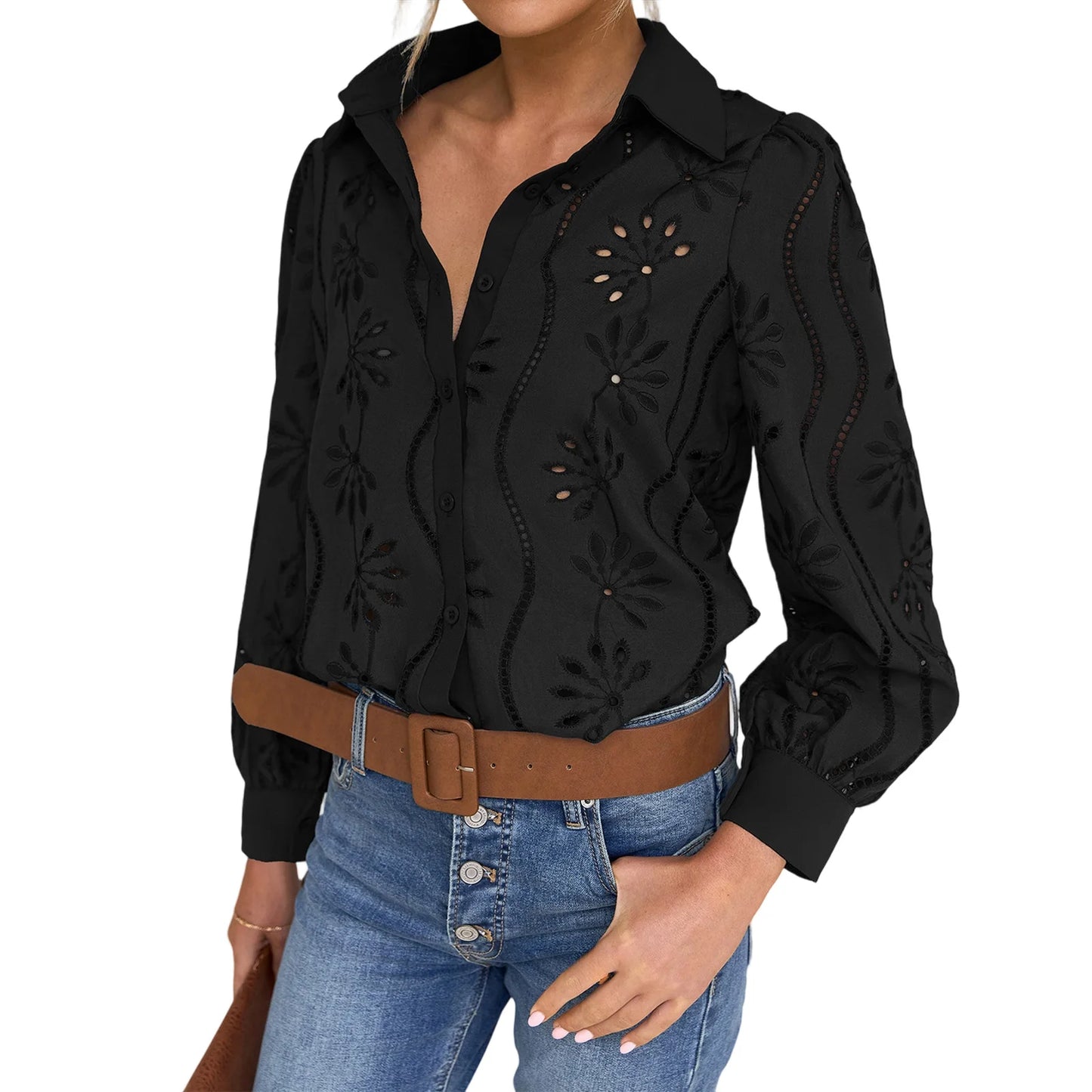 Stylish Women s Eyelet Blouse with Long Sleeves and Turn Down Collar in Solid Color Loose Fit Shirt for Fashionistas