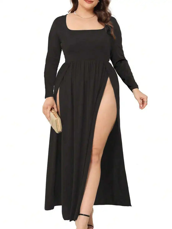 Plus Size Women Square Neck Long Sleeve Maxi Dress With High Thigh Slit