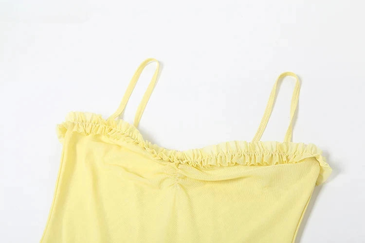 Weird Puss Ruffles Bandage Dress Women Sexy Backless Sleeveless Tassel Lace-Neck See Through Slits Hem Prom Party Long Bodycon