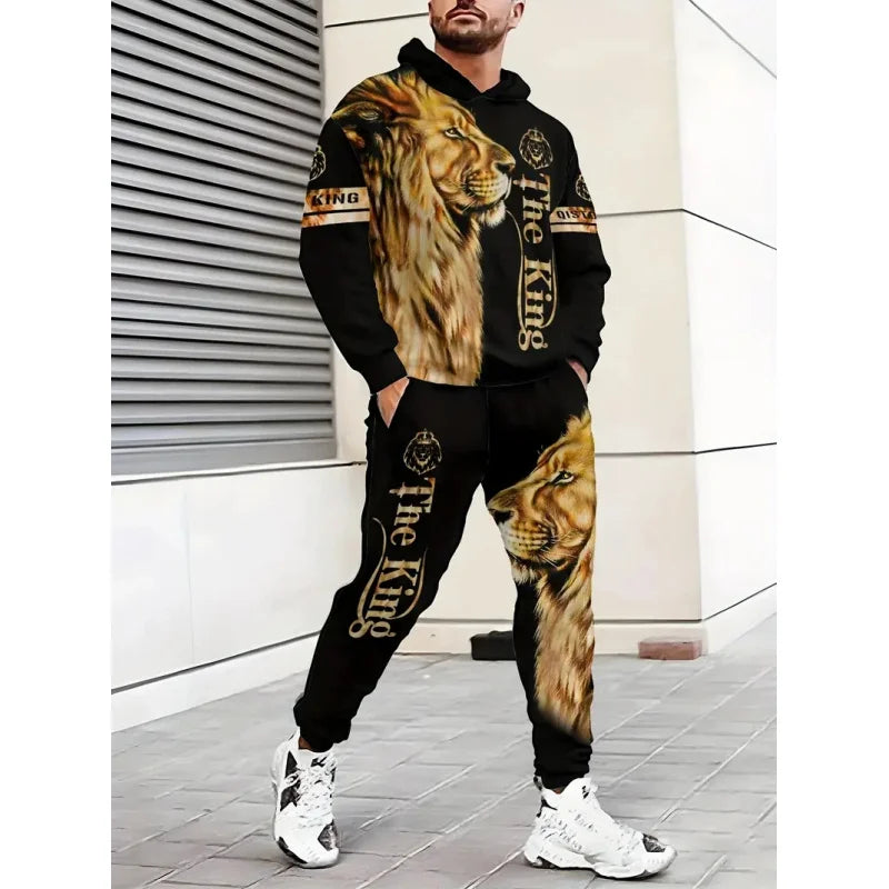 Men's 'THE KING' and Lion Print Long Sleeve Hoodie+Pants Suit，Casual Trendy Set as a Gift