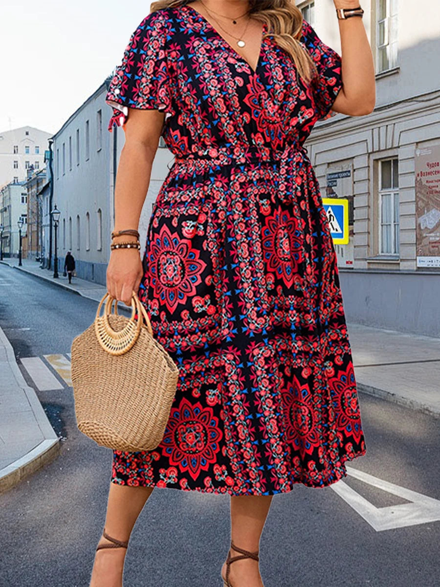 Women s Floral Print V Neck Short Sleeve Midi Dress with Slit Elegant Summer Swing Dress for Holiday Party and Special