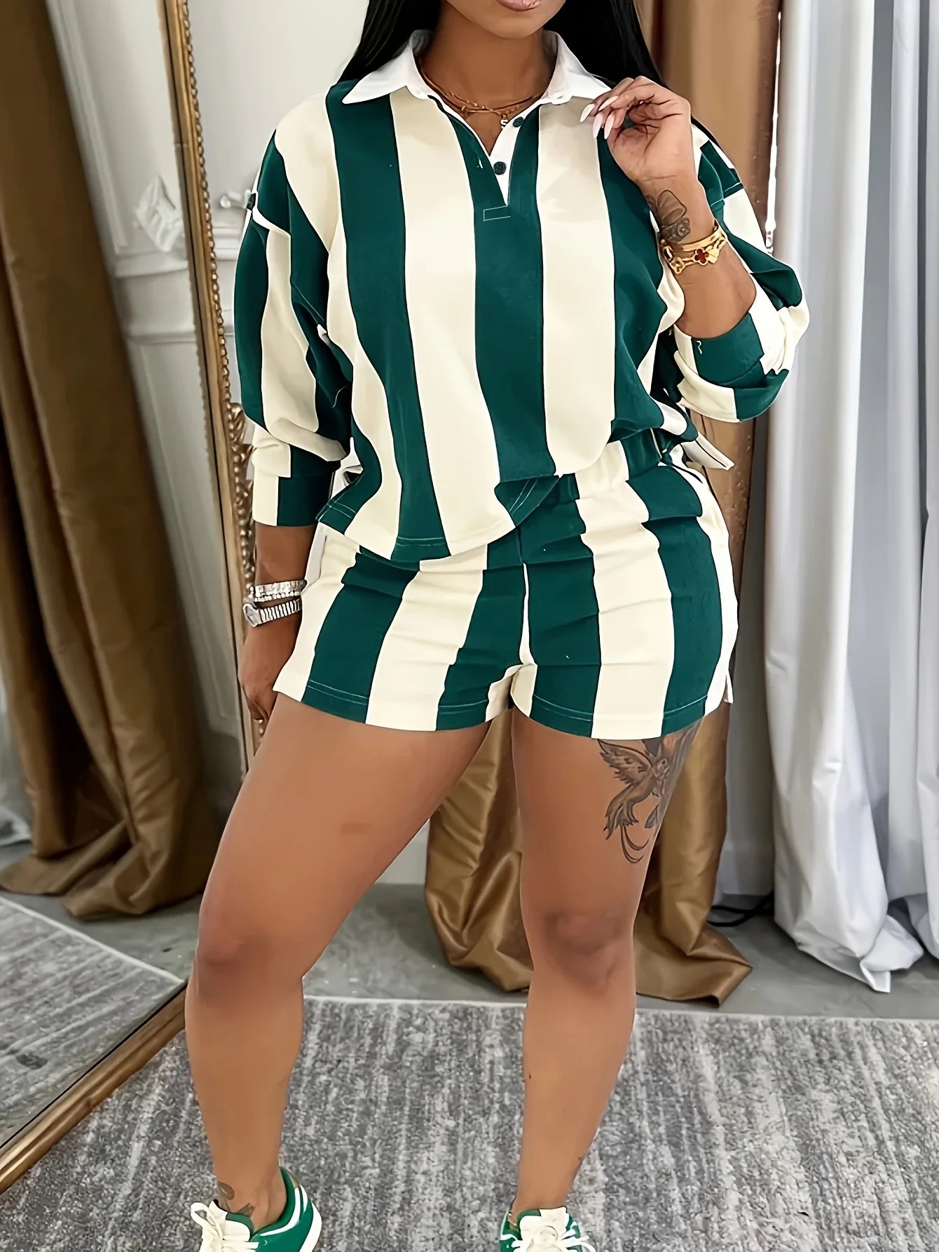 Striped Print Lapel Long Sleeved Shirt and Shorts Casual Two-piece Set