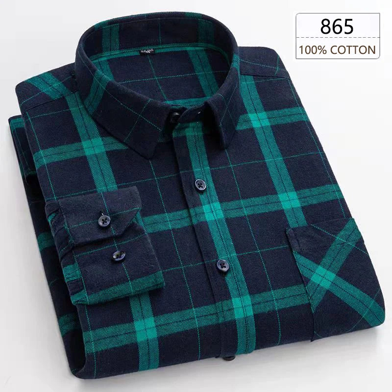 New Spring Long Sleeve Plaid Shirts For Men 100% Cotton Flannel Plus Size Easy Care Comfortable Top Casual Smart Dress Shirts