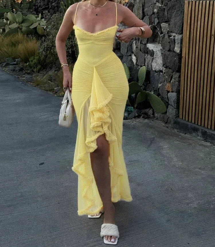 Weird Puss Ruffles Bandage Dress Women Sexy Backless Sleeveless Tassel Lace-Neck See Through Slits Hem Prom Party Long Bodycon