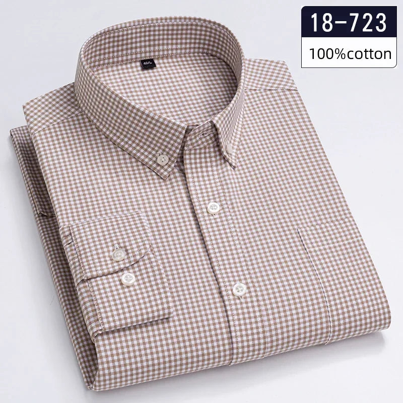 New in Shirt High-Quality 100% Cotton Long-Sleeve Shirts for Men Slim Fit Casual Soft Plaid Tops Single Pocket Houndstooth Cloth
