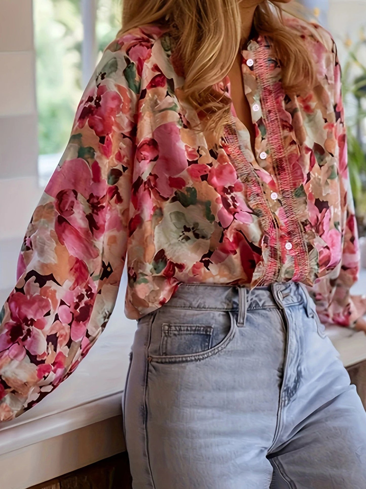 Women s Long Sleeve Round Neck Ruffle Trim Button Down Floral Blouse Loose Casual Top Streetwear Fashion Trend