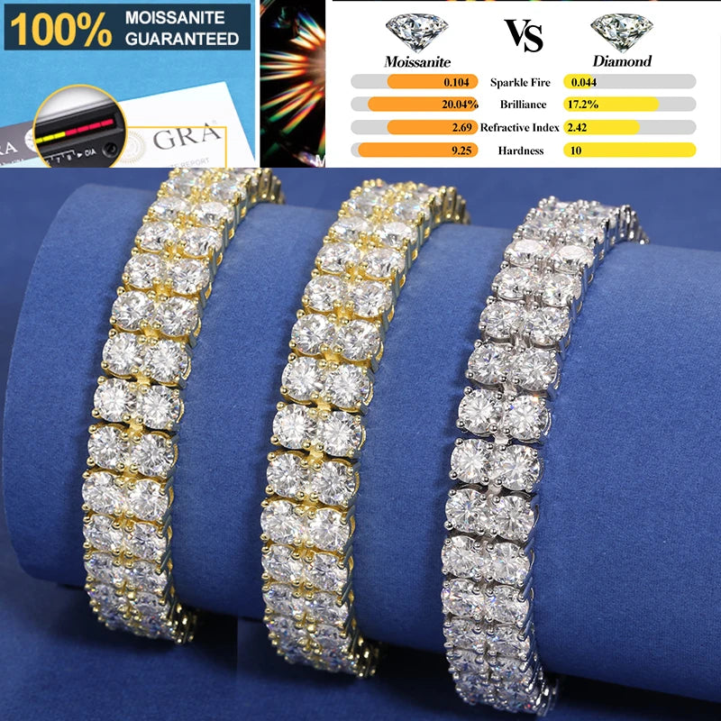 TUHE Double Row D VVS1 Moissanite Tennis Bracelet 3MM For Man Unisex Hip Hop Jewelry Woman Brass Bracelet Fashion Party Gifts