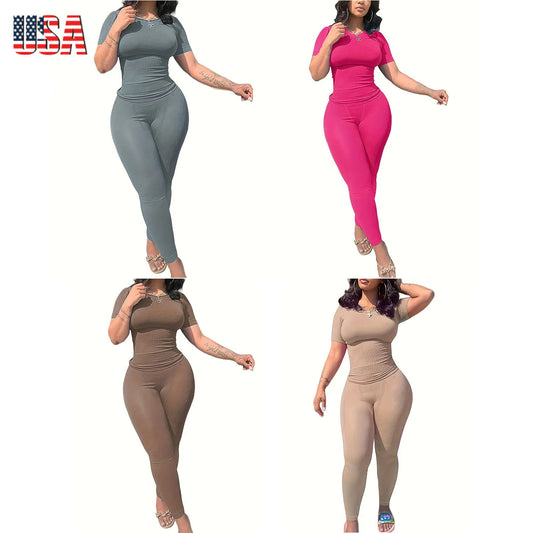 US STOCK | Casual Workout Sets Short Sleeve Two Piece Outfits For Women Ribbed Fitted Crew Neck T-shirt Matching Sets Streetwear