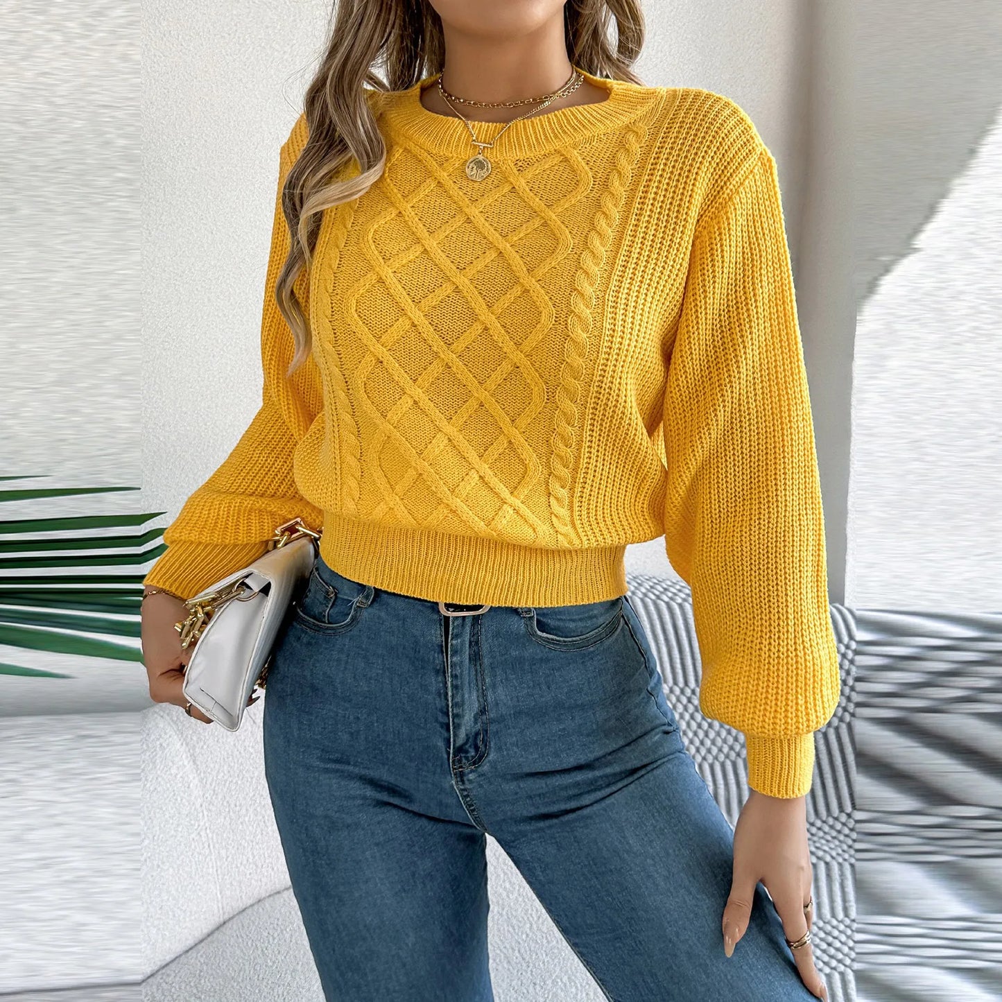Women'S Fashion Solid Color Cable-Knit Long-Sleeved Waist Pullover Sweater Ropa De Mujer Winter Clothes Woman Sweater For Woman