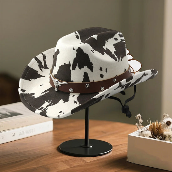 Vintage Leather Cowboy Hat for Women and Men with Cow Print Design Wide Brim Western Cap featuring Windproof Rope and Leather