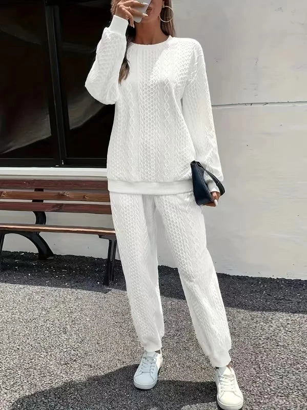 Plus Size Women's Twist Knit Textured Home Two-Piece Set, Comfortable Outfit for Autumn and Winter Casual Fashion Wear