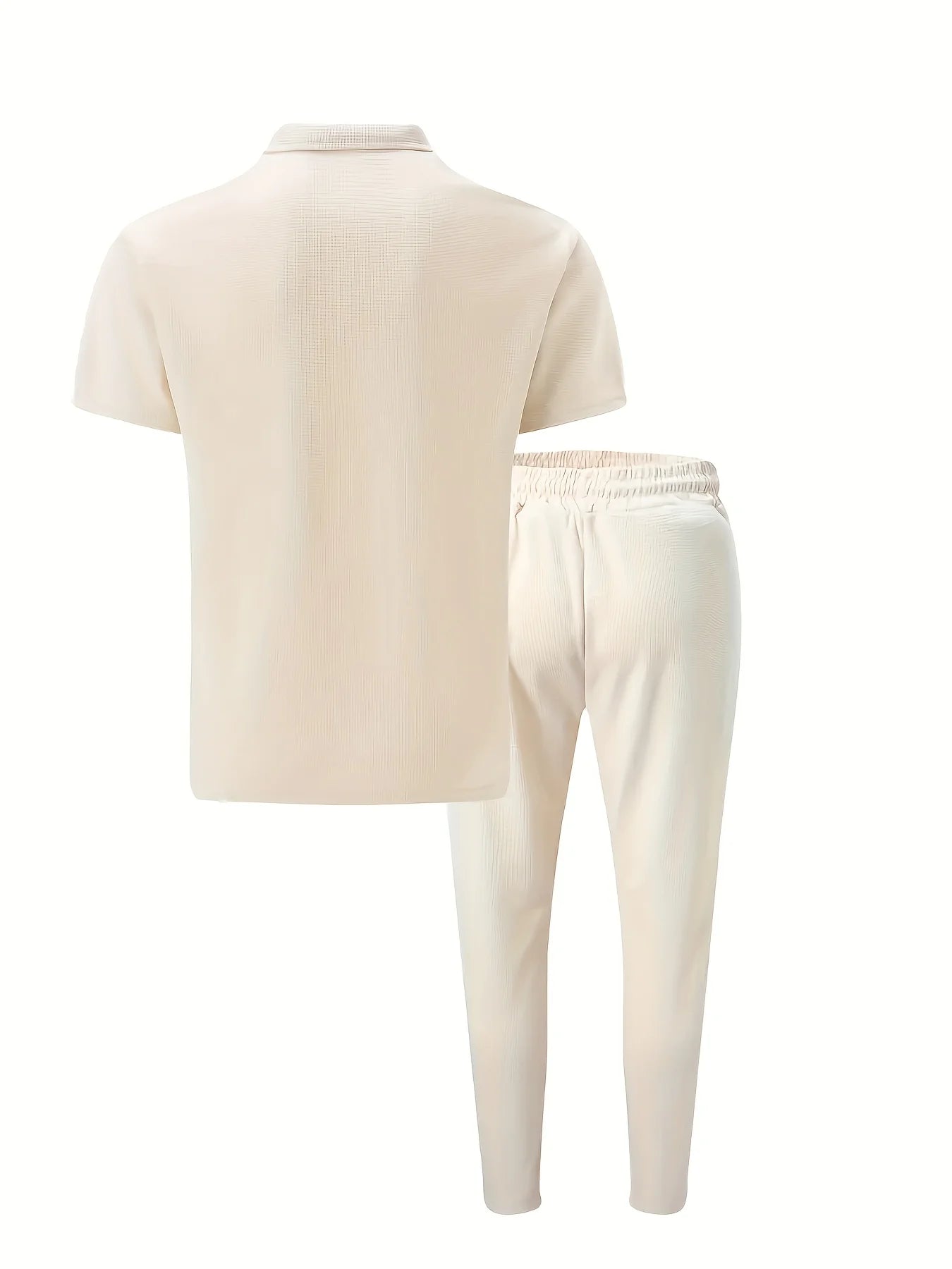 New Men's Solid Color Suit Waffle Lapel Short-sleeved Zipper Long Pants Set - The Best Choice For Casual Wea