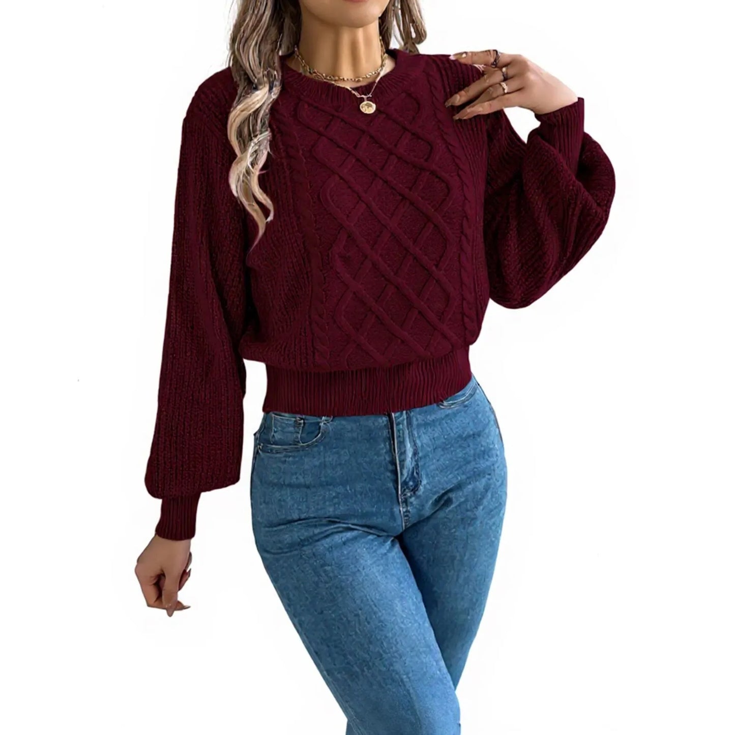 Women'S Fashion Solid Color Cable-Knit Long-Sleeved Waist Pullover Sweater Ropa De Mujer Winter Clothes Woman Sweater For Woman