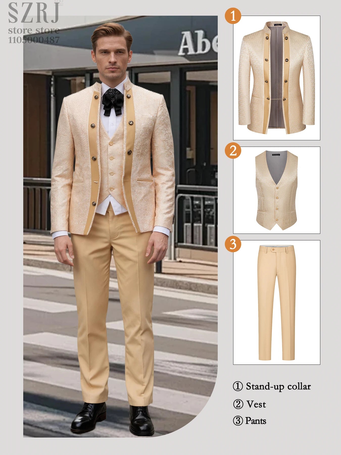 Men's 3pcs Floral Tuxedo Suit: Stand Collar, Double-Breasted Vest & Pants - Wedding/Party/Performance