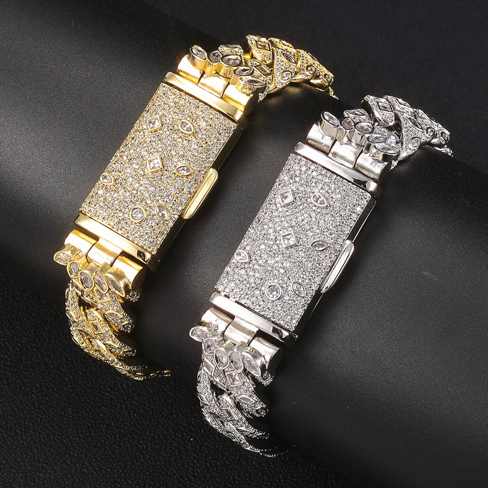 2026 Men's Jewelry 18Mm Wide Iced Out Thick Cuban Chain Brass Cubic Zirconia Gold-Plated Silver Plated Bracelet