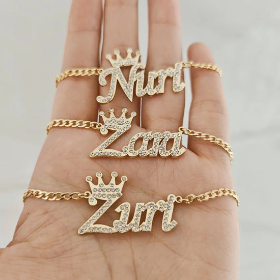 LeeChee Rhinestone Crown Custom Name Necklace Personalized Pendant Nameplate Girls Party Gift